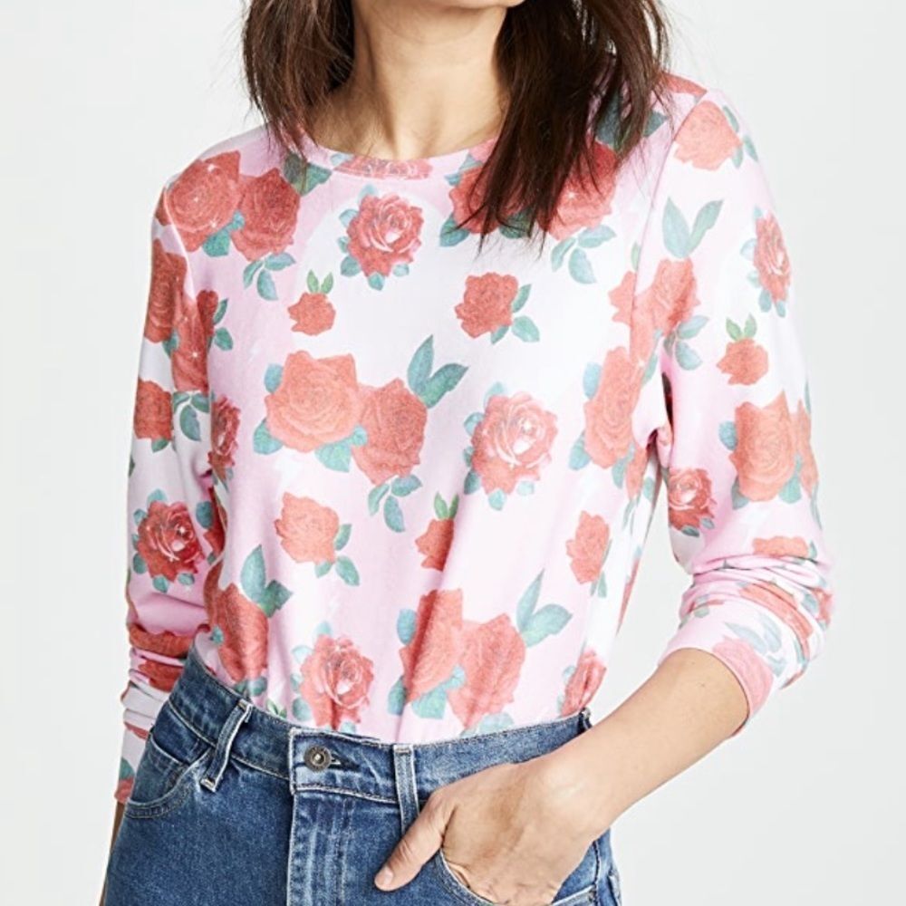 Wildfox Pink Rose Print Crewneck Sweatshirt